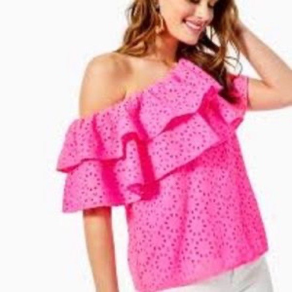 Lilly Pulitzer Tops - Lilly Pulitzer Trixie One-Shoulder Top Raz Berry Sun Burst Eyelet Sz L NWT